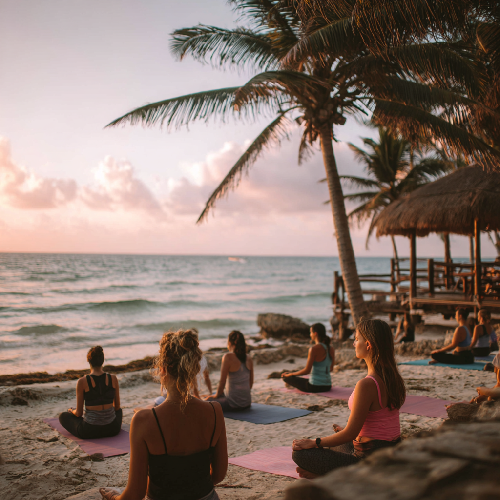 Interior sereno de estudio de yoga con plantas y luz natural