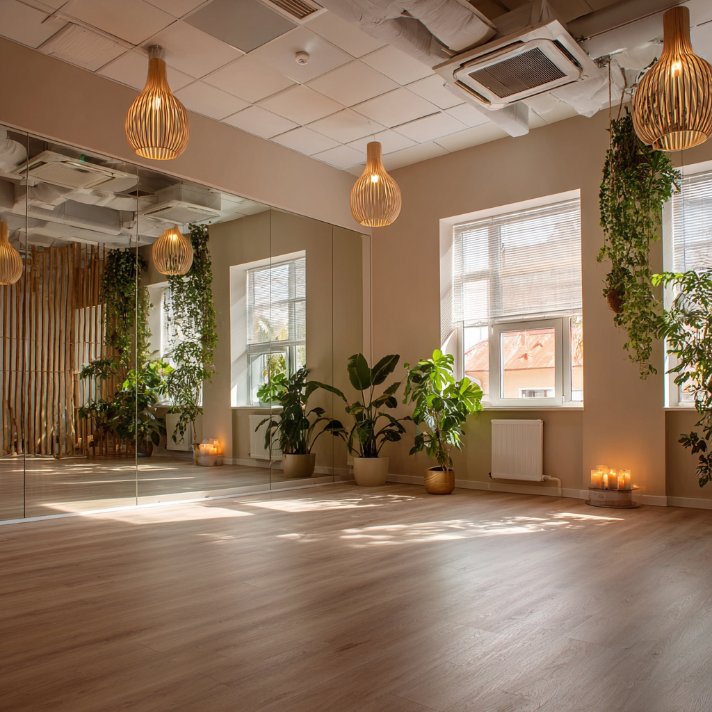 Clase grupal de yoga con estudiantes sonrientes practicando en el estudio